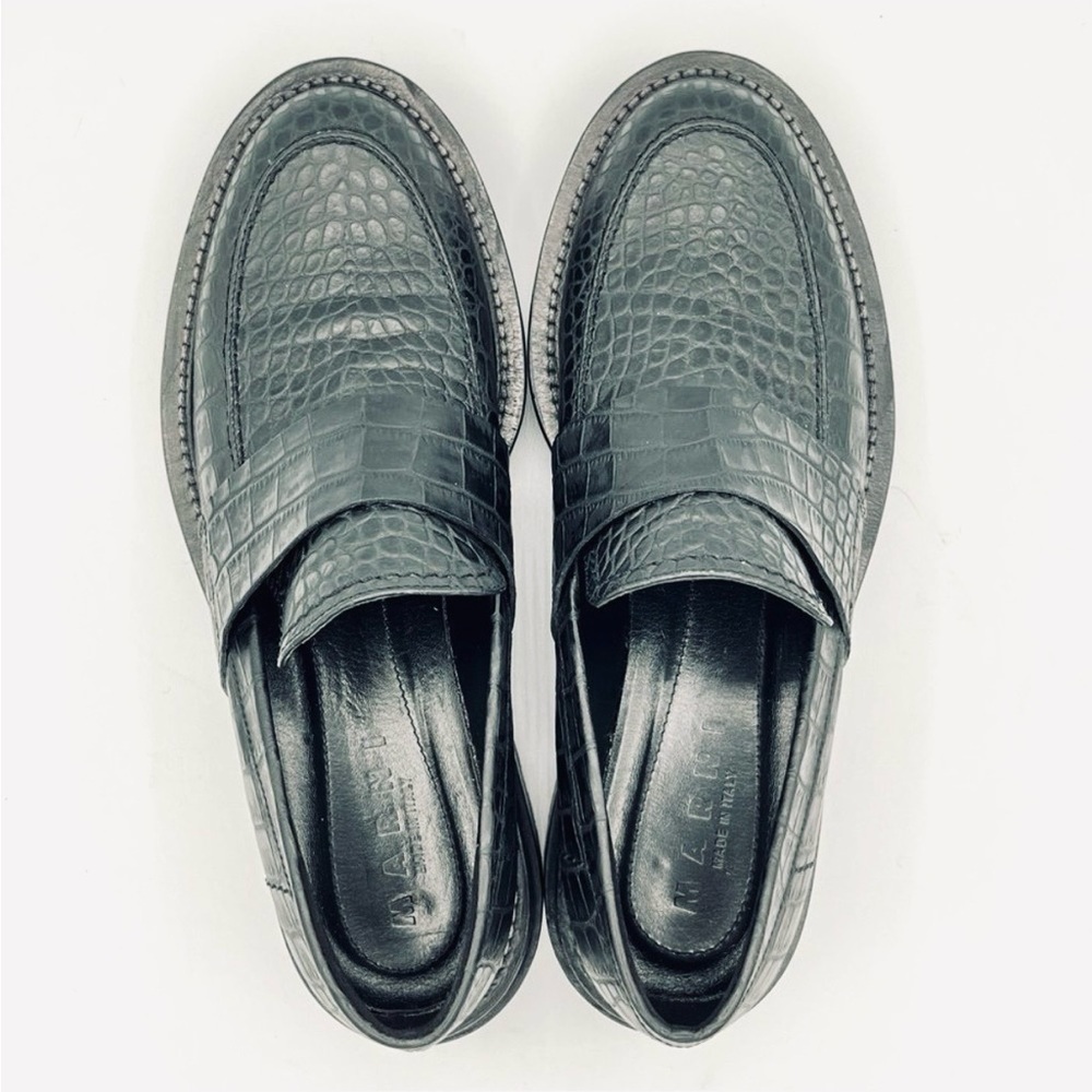 Marni Teal Croc-Effect Embossed Leather Platform Loafers | Lug Sole EU 38 / US 8 - Picture 4 of 8